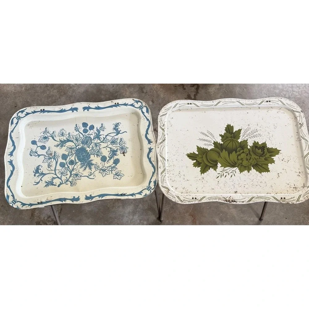 Vtg Metal Folding TV Trays Lot Of 2 Blue Danabu And Green Harvest